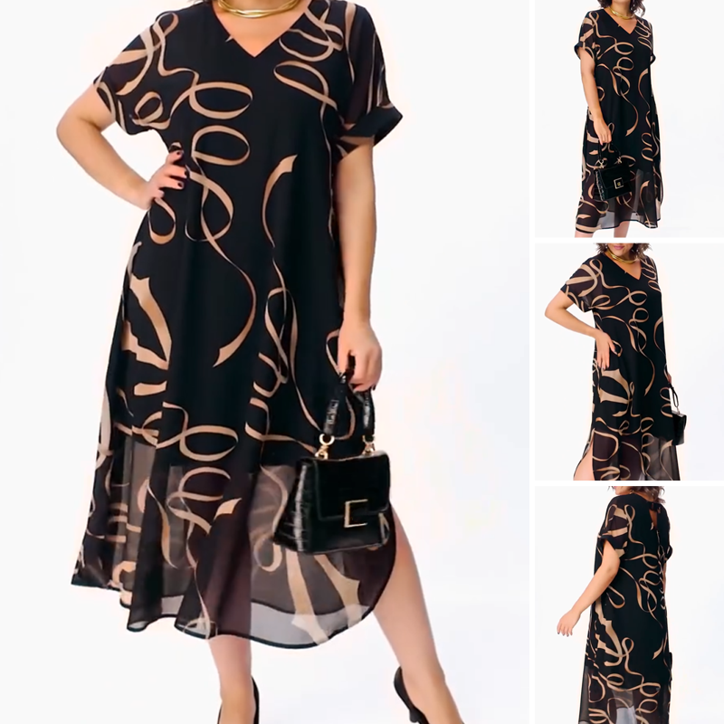 ❄️👗Elegante Vloeiende V-Hals Midi-Jurk – Luchtige Zwarte Jurk met Lintprint, Zijsplit en Comfortabele Pasvorm S-5XL