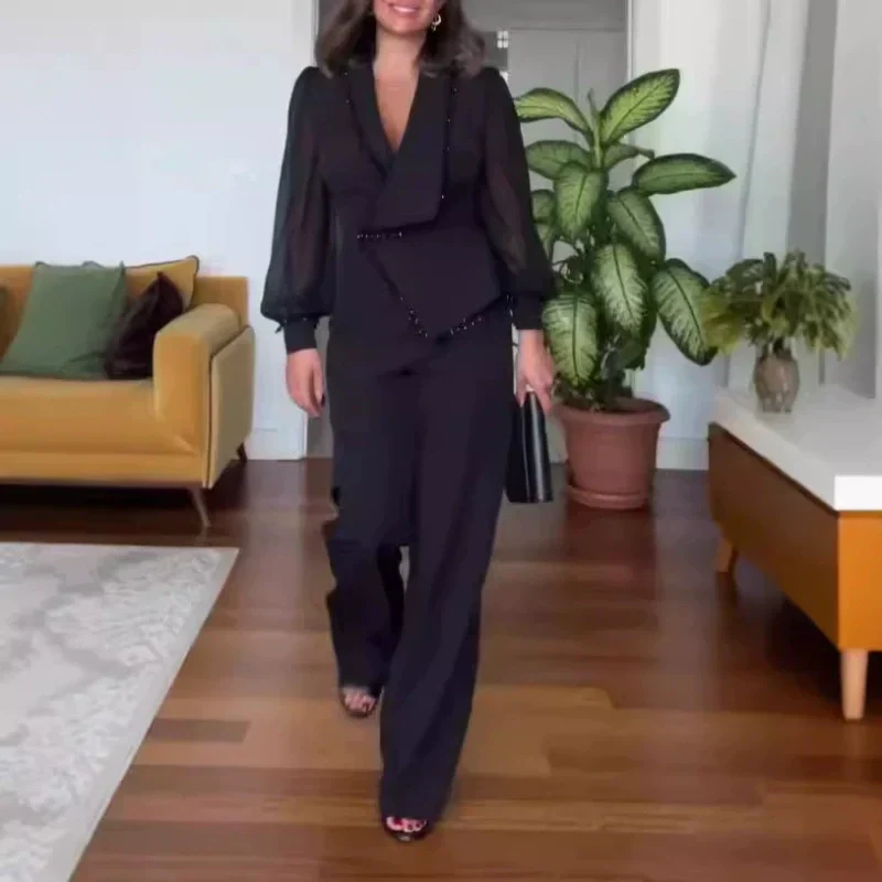 Elegant Black Beaded Wide-Leg Jumpsuit