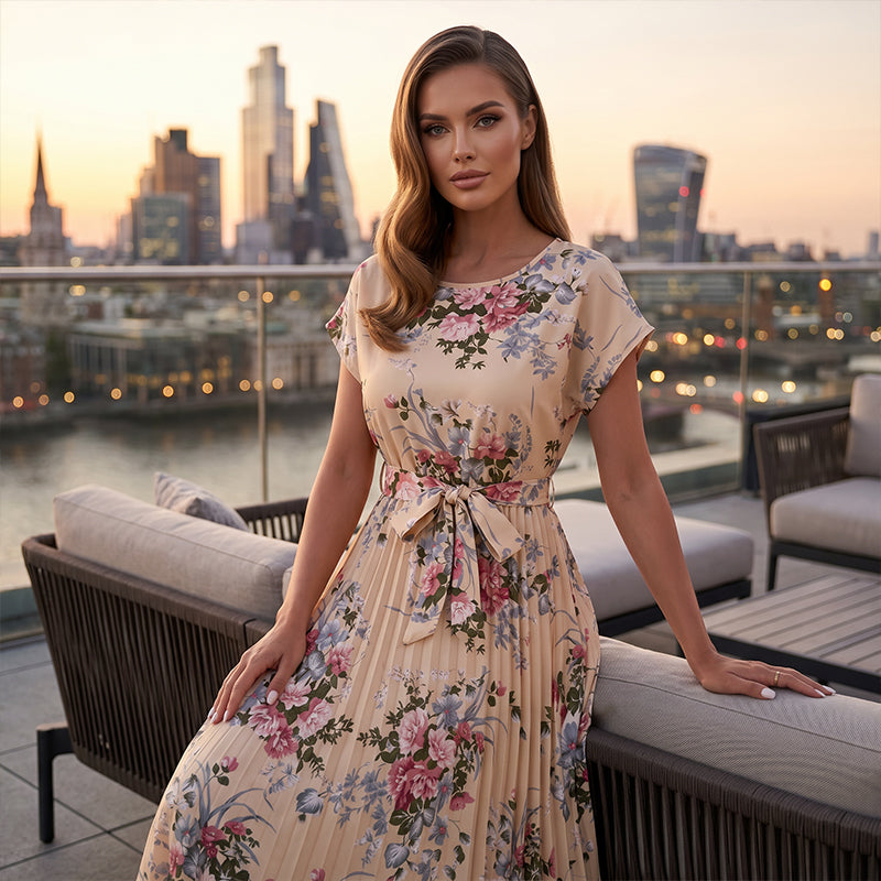 📢📢⏰Women's Floral Print Pleated Midi Dress