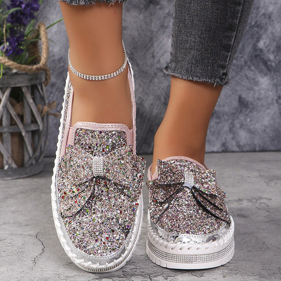 Rhinestone Bow Round Toe Slip-Ons