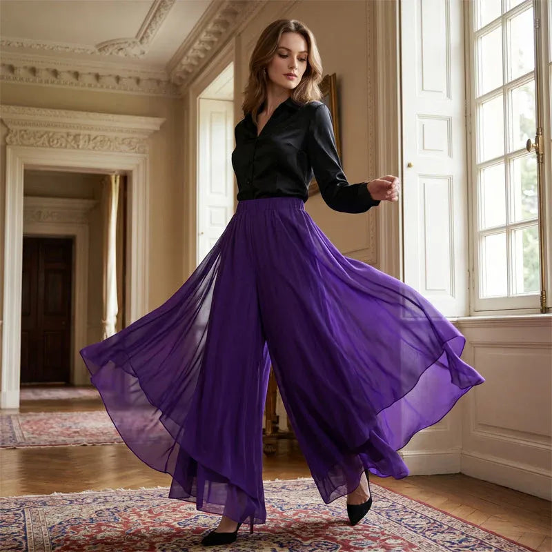 Women's Asymmetrical Chiffon Wide-Leg Pants