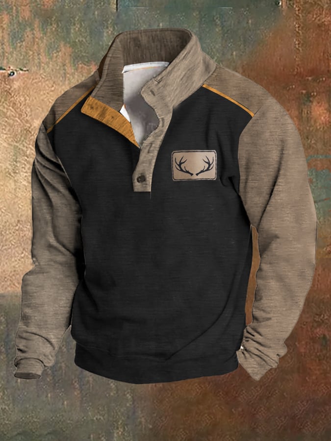 Fleece Vintage Western Antler Hunting Enthusiast Stand Collar Sweatshirt