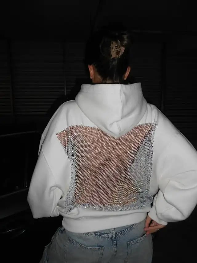 🔥Sparkly Mesh Open-Back Hoodie – Shine with Every Move✨