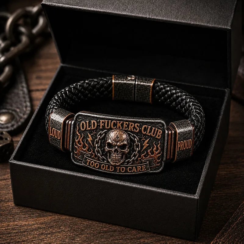 🔥💀Old Fuckers Club Men's Vintage Skull Flame Biker Braided Bracelet Gift Set
