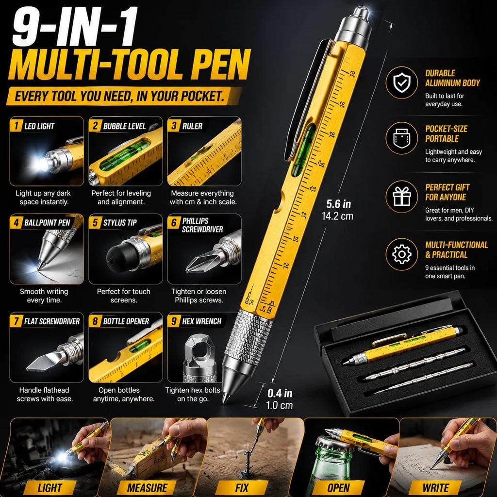 🎉🖊️ 9-in-1 Multi-Tool Pen – LED Light, Screwdriver, Ruler & Stylus | Pocket EDC Gadget for Everyday Fixes