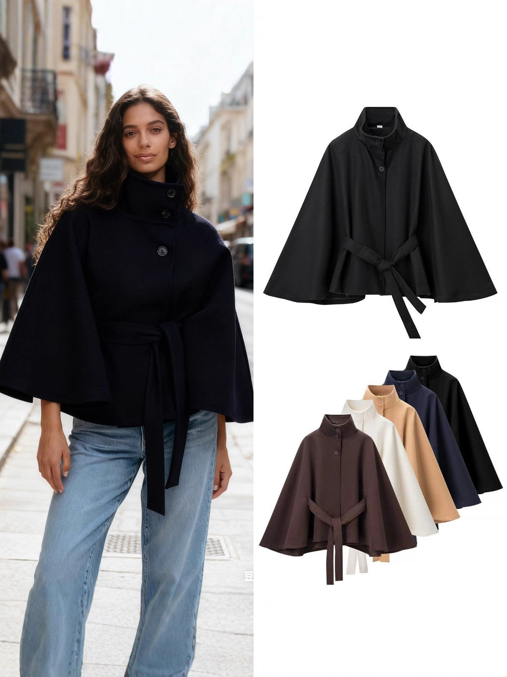 💥Women's Plain Front Buckle Belted Woolen Cape Coat