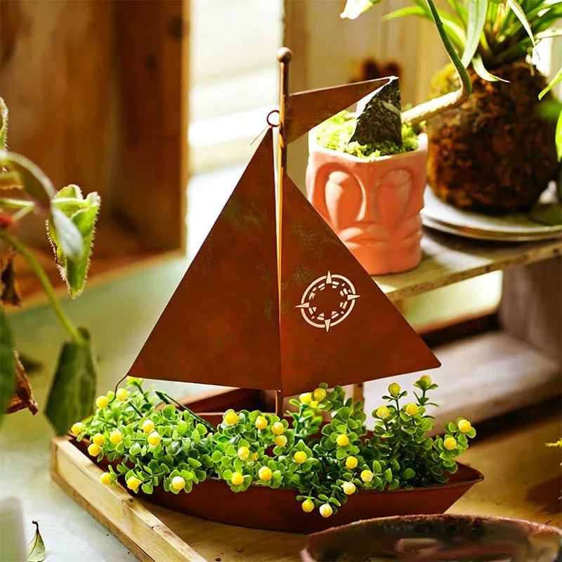 🌱  Rustic Sailboat Metal Planter - Handcrafted, weather-resistant & perfect for succulents, herbs or flowers – charming garden or shelf decor 🏡