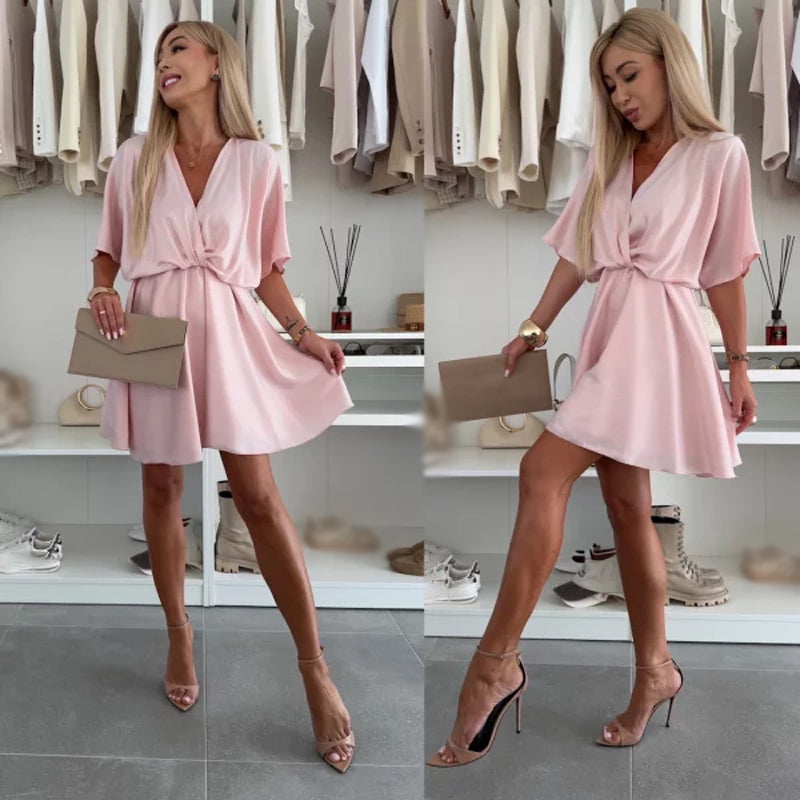 🌸V-Neck Solid Asymmetrical Hem Dress