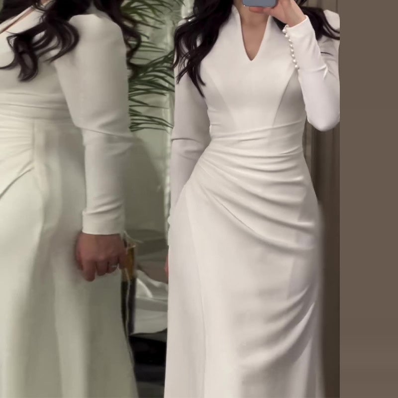 Graceful Slim Long-sleeve Pleated Dress