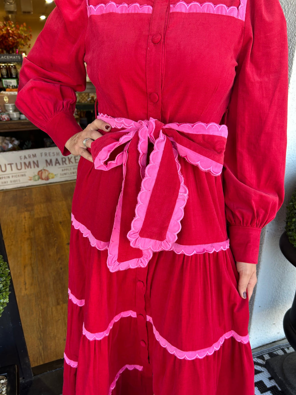 Women's Button Down Scalloped Tiered Corduroy Dress