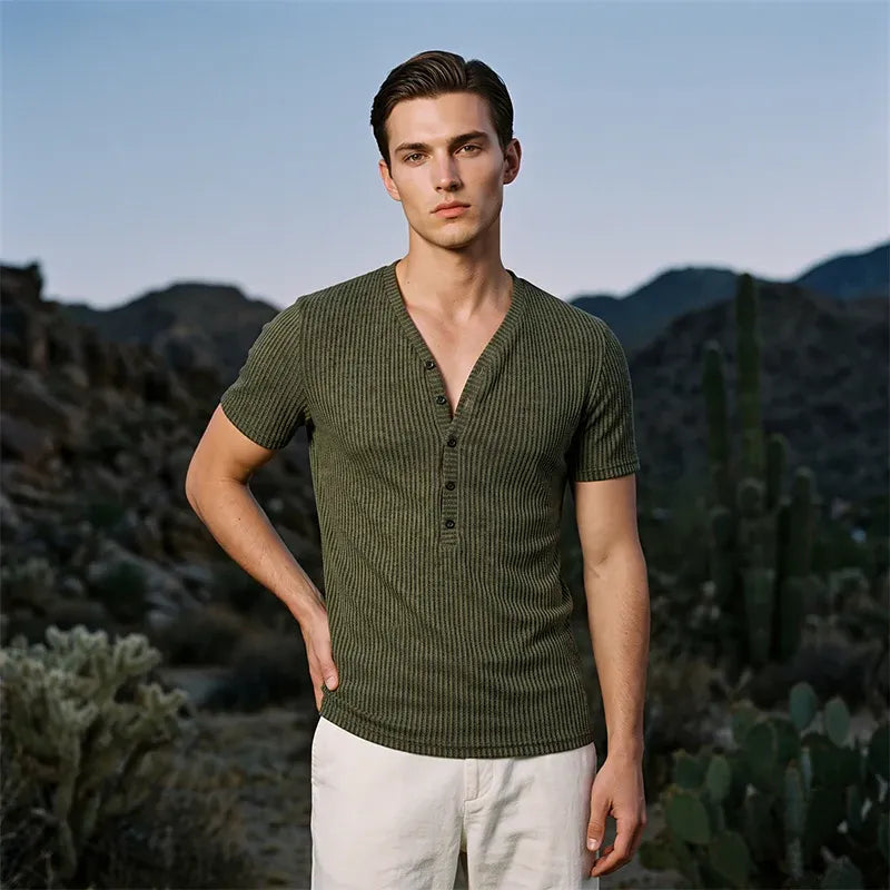 ⏰Men's Spring Textured Dual-Color Striped V-Neck Tee 👕 Bold Stripes, Deep V – A Modern Athletic Fit for Training & Beyond ✨