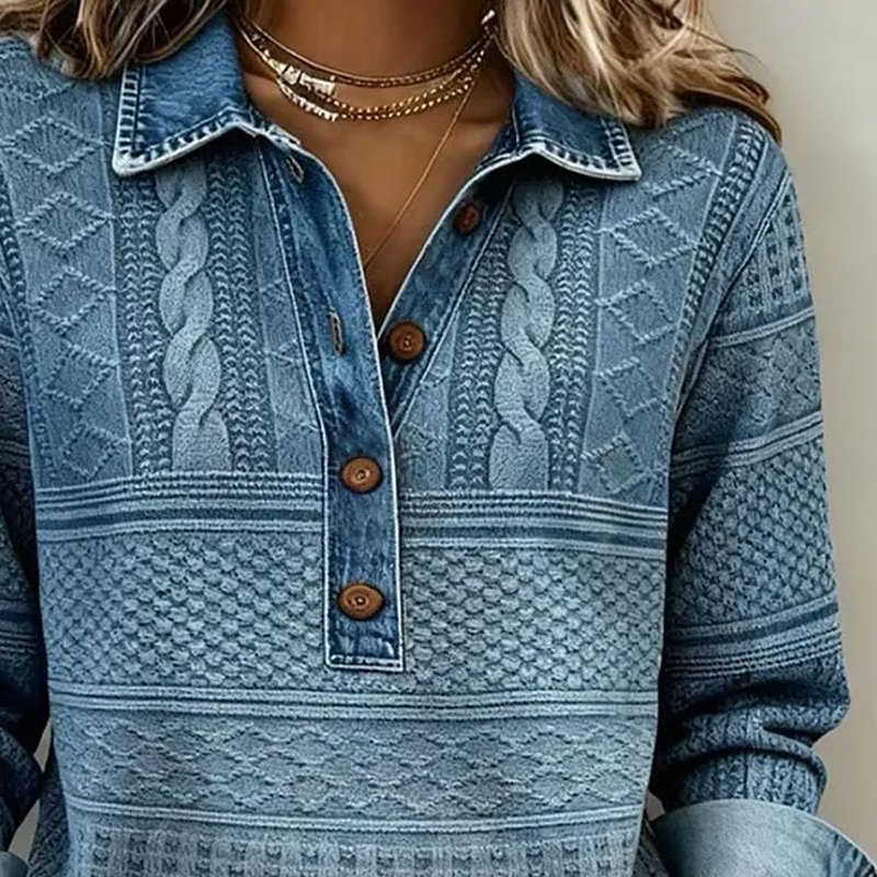 ⏰💃 Women’s Denim Patchwork Lapel Long-Sleeve Shirt