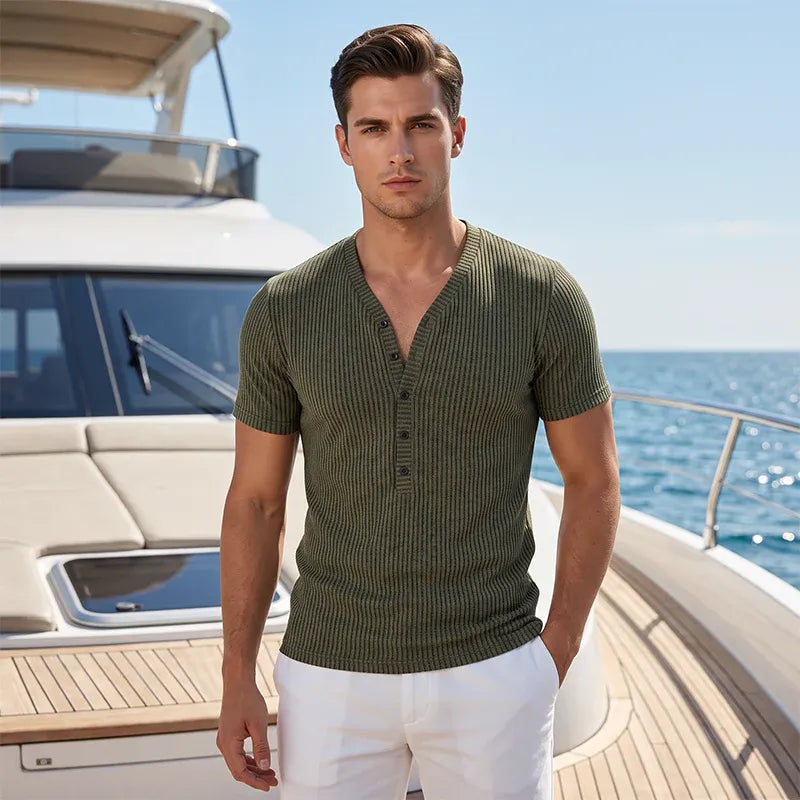 ⏰Men's Spring Textured Dual-Color Striped V-Neck Tee 👕 Bold Stripes, Deep V – A Modern Athletic Fit for Training & Beyond ✨