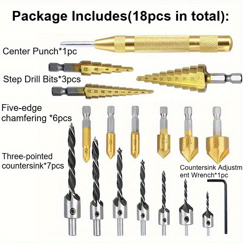 18pcs Drill Bit Collection/Pagoda Drill/Center Punch/Three-Point Woodworking Drill/Five-Blade Chamfering Tool/Wood Plug Drill