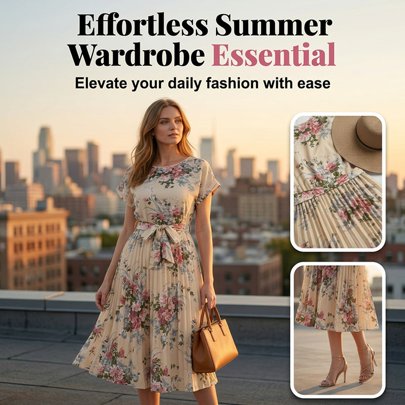📢📢⏰Women's Floral Print Pleated Midi Dress