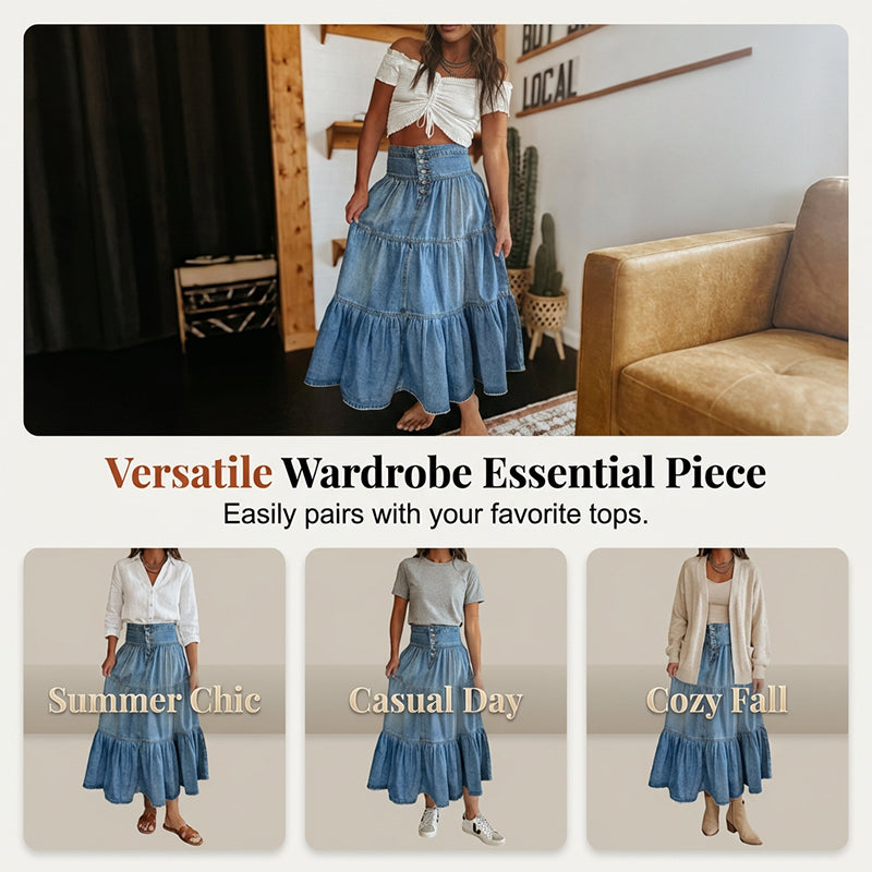 👗 ✨ Denim Maxi Skirt – High Waist, Tiered, A-Line, Button Front ✨