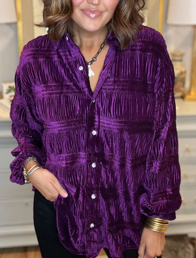 New  Women's Shirred Velvet Button Down Top