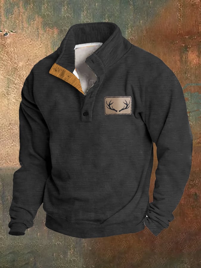 Fleece Vintage Western Antler Hunting Enthusiast Stand Collar Sweatshirt