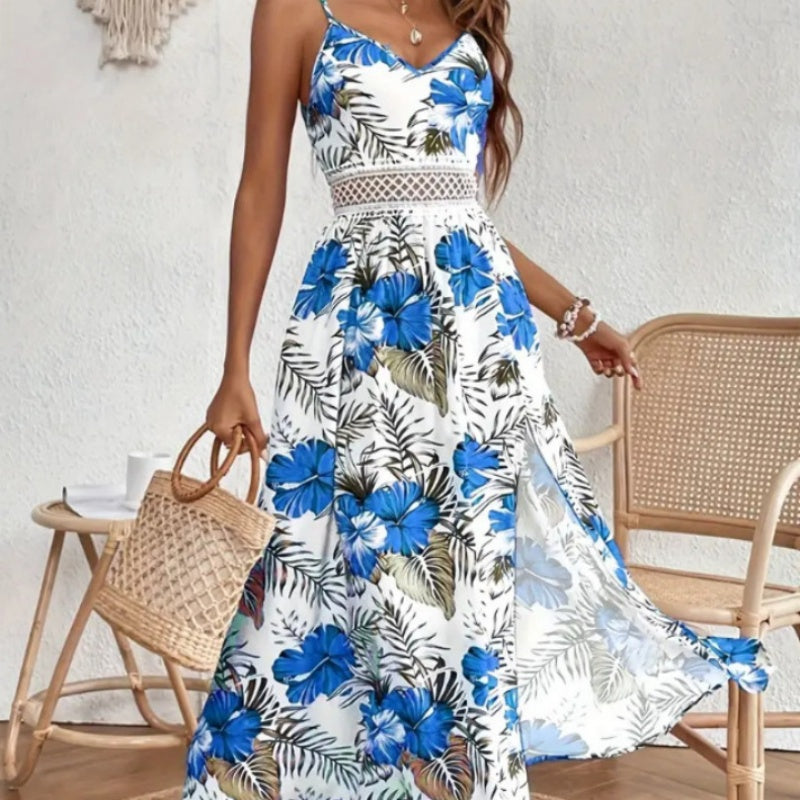 Women’s Floral Print High Slit Spaghetti Strap Flowy Dress