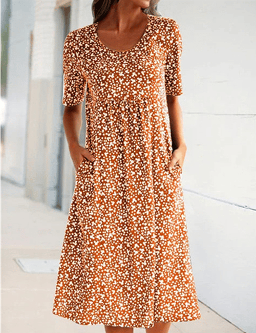 Casual Women Cotton Scoop Neck Floral Dress (8 Colors with Pockets)
