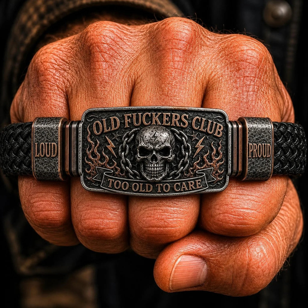 🔥💀Old Fuckers Club Men's Vintage Skull Flame Biker Braided Bracelet Gift Set