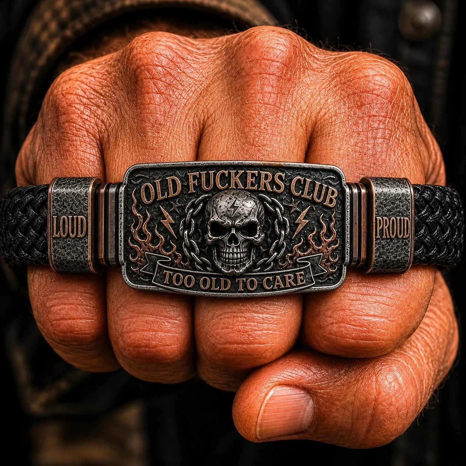 🔥💀Old Fuckers Club Men's Vintage Skull Flame Biker Braided Bracelet Gift Set