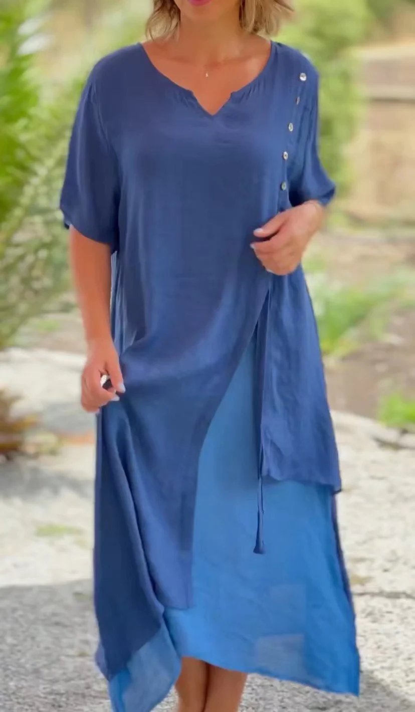 Country Style V Neck Short Sleeve Irregular Hem Dress for Women