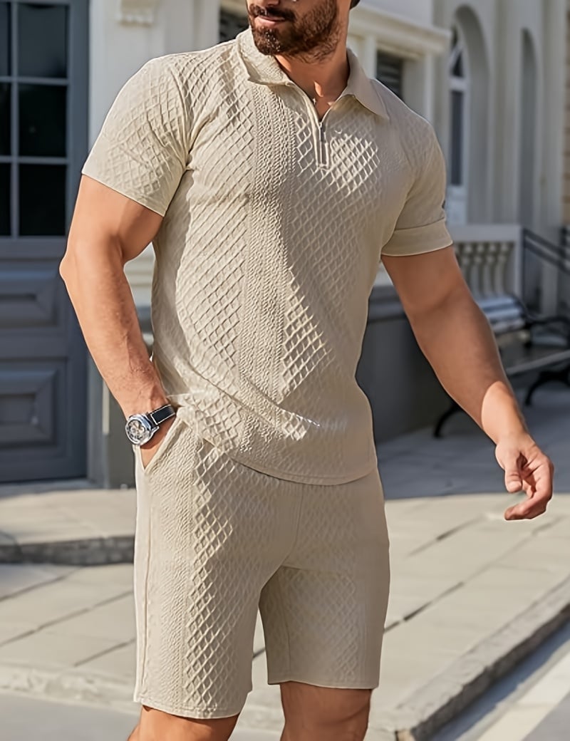 ☀️👕🩳Men's Jacquard Polo Shirt & Shorts Set – Stylish Comfort for Summer!