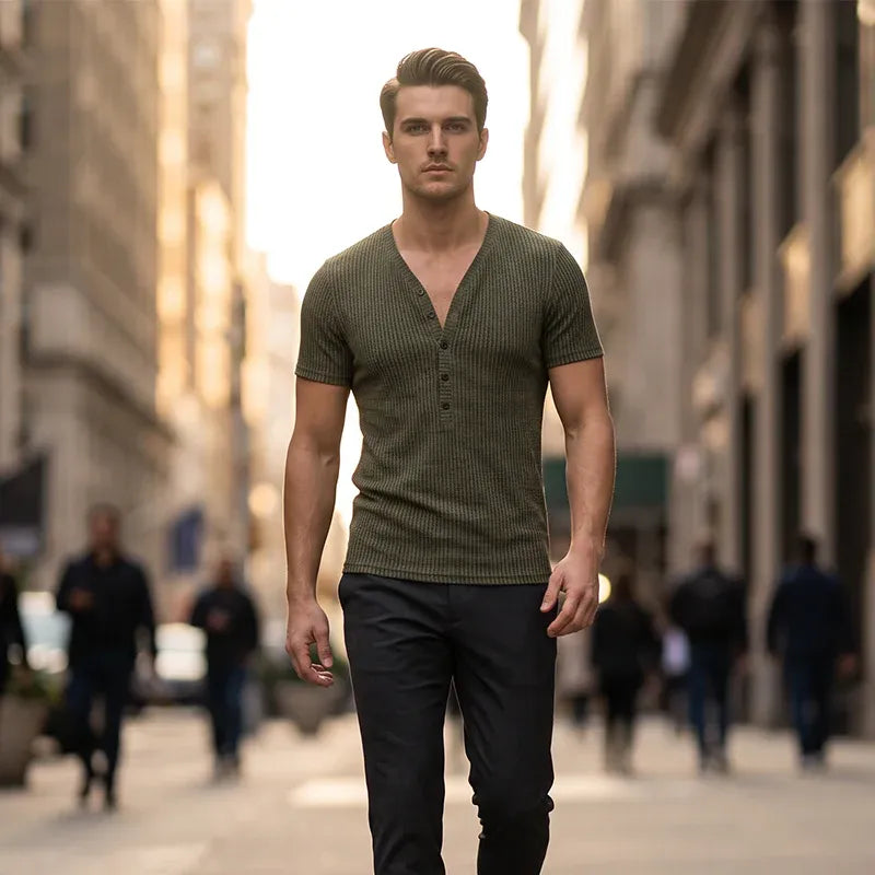 ⏰Men's Spring Textured Dual-Color Striped V-Neck Tee 👕 Bold Stripes, Deep V – A Modern Athletic Fit for Training & Beyond ✨