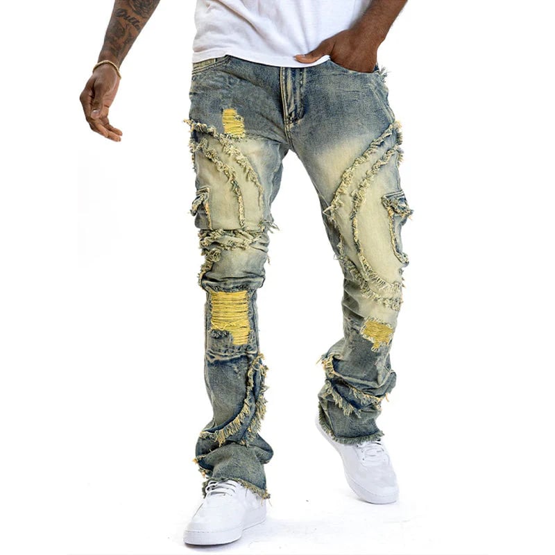 ✂️ Men's Deconstructed Frayed Flare Jeans – Vintage Wash & Stretch Cotton – Bold Streetwear