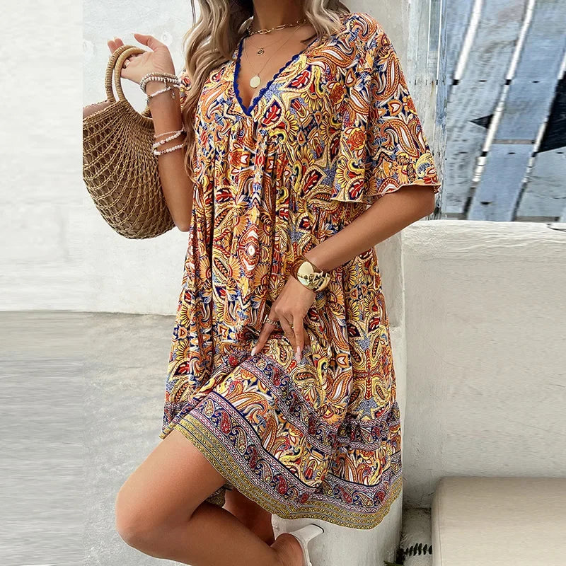 👗Women’s Flower Print V Neck Short Sleeve Mini Dress