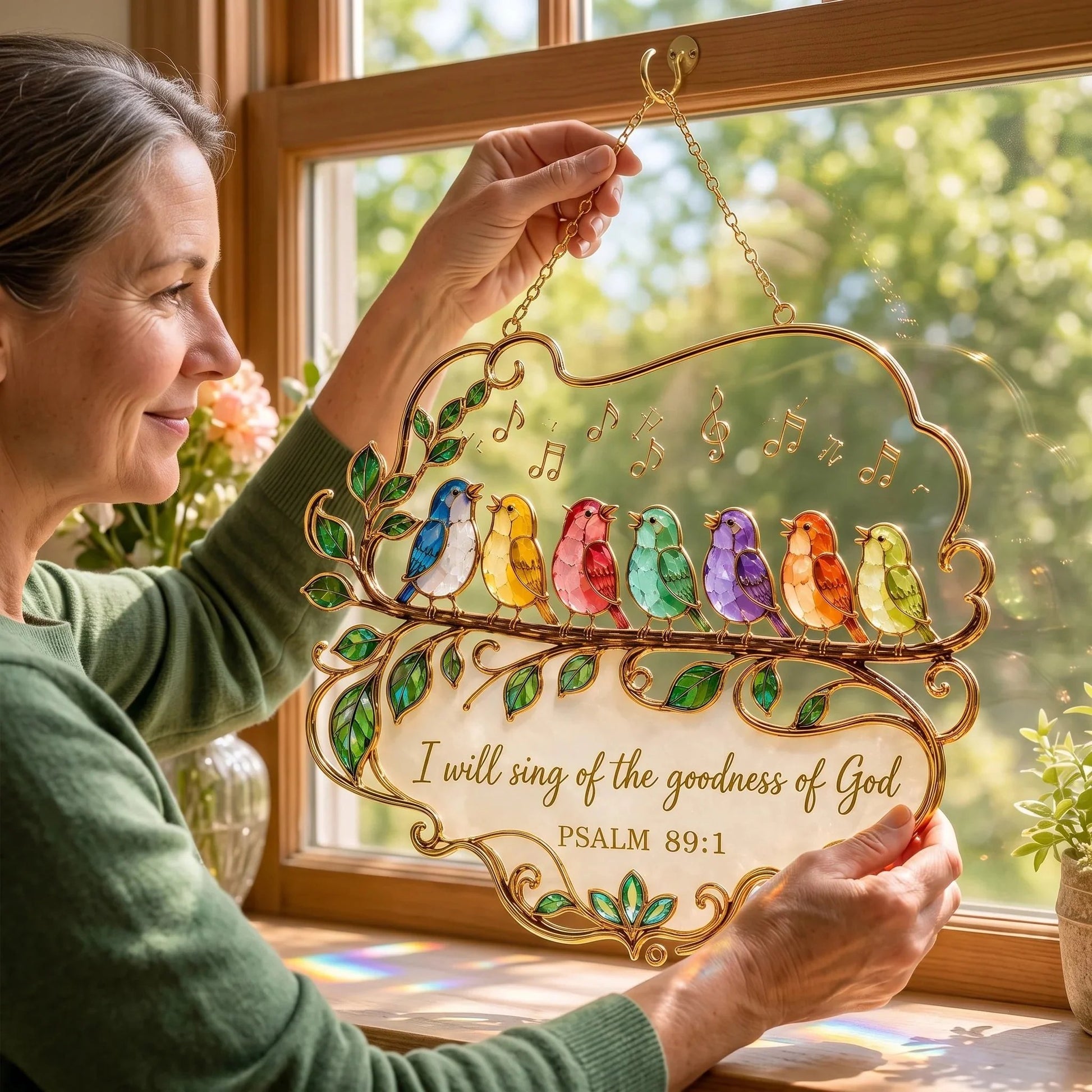 🎉🎵 Psalm 89:1 Songbird Window Suncatcher | Faith Decor with Colorful Birds & Scripture