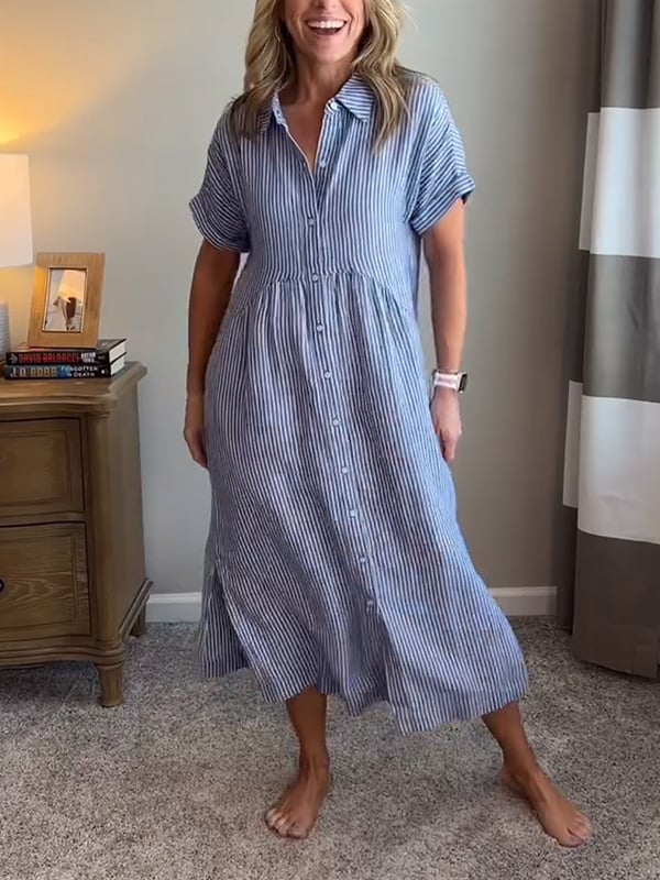 🔥 Striped Lapel Button Down Shirt Dress | With Functional Pockets