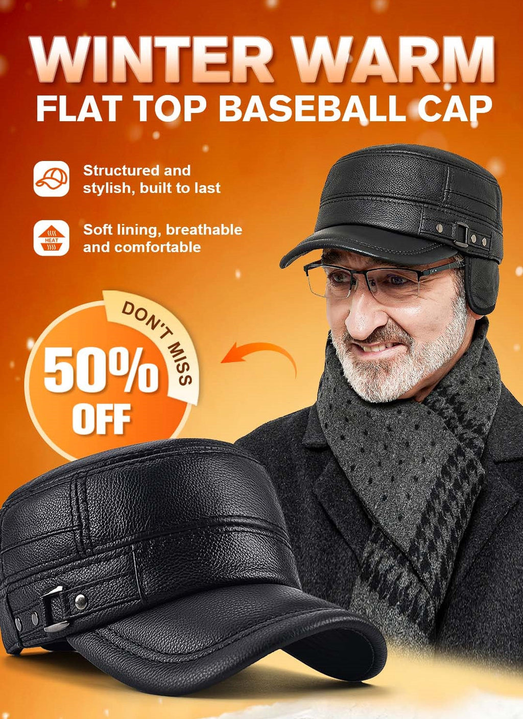 🔥🔥PU Leather Flat Top Warm Baseball Cap