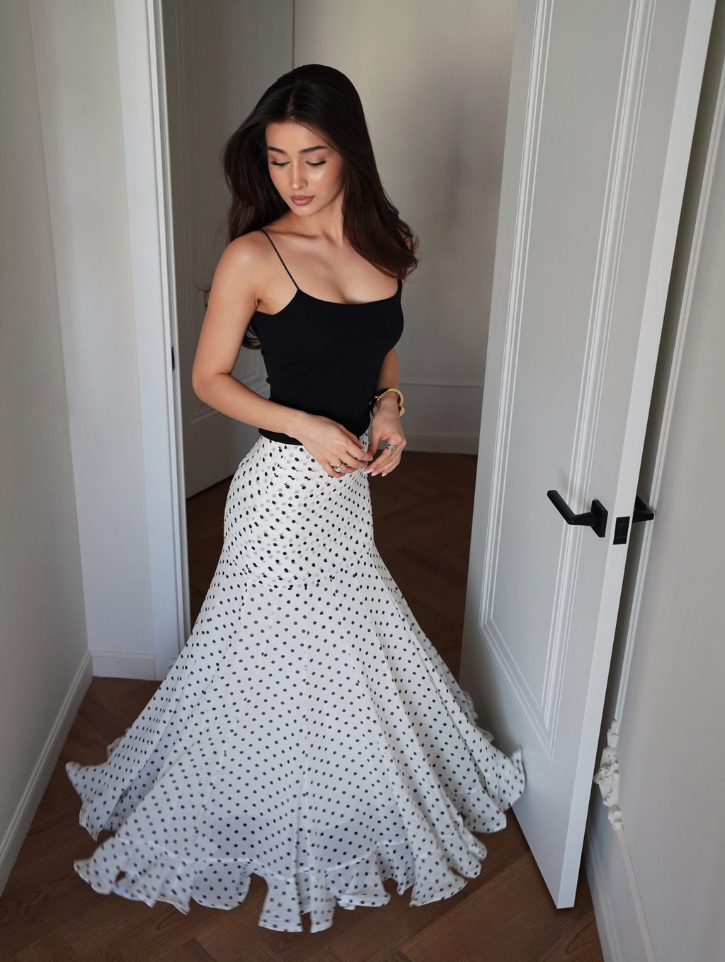 White & Black Polka Dot Floor-length Chiffon Skirt