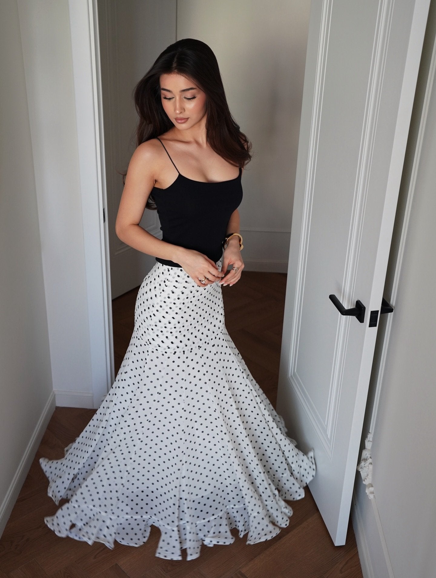 White & Black Polka Dot Floor-length Chiffon Skirt