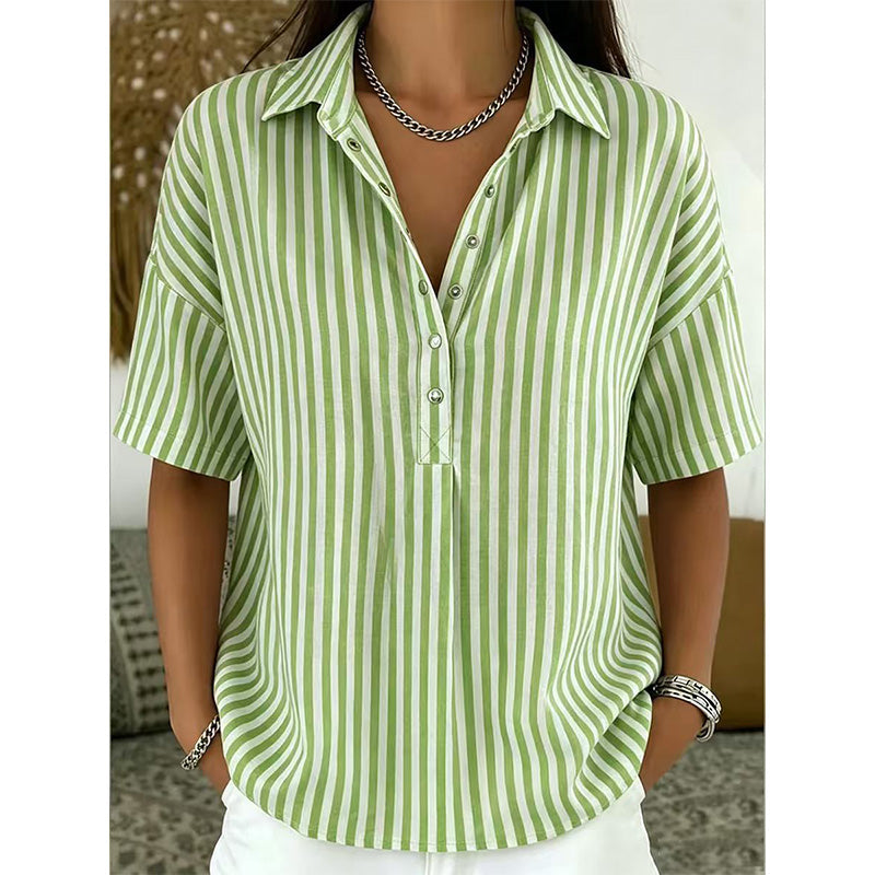 ✨ Women's Striped Short-Sleeve Shirt – Relaxed Fit, V Neck, 9 Colors 🍂