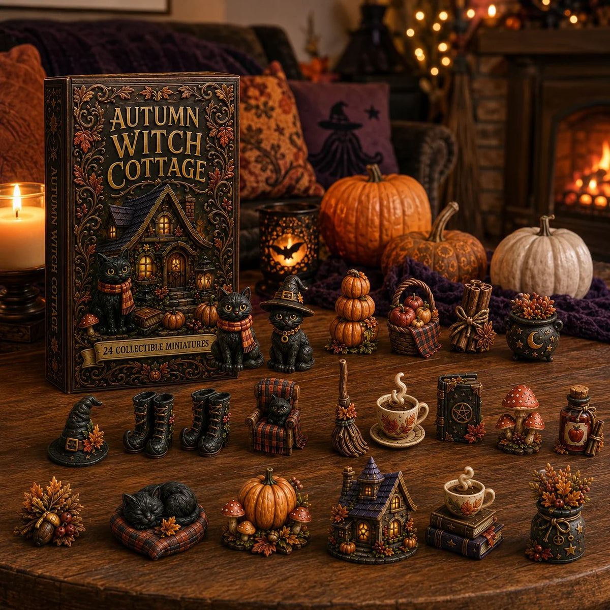 24 Cozy Witchy Miniatures, Black Cat Collectibles & Magical Fall Cottage Surprises, Acrylic Charms Blind Box