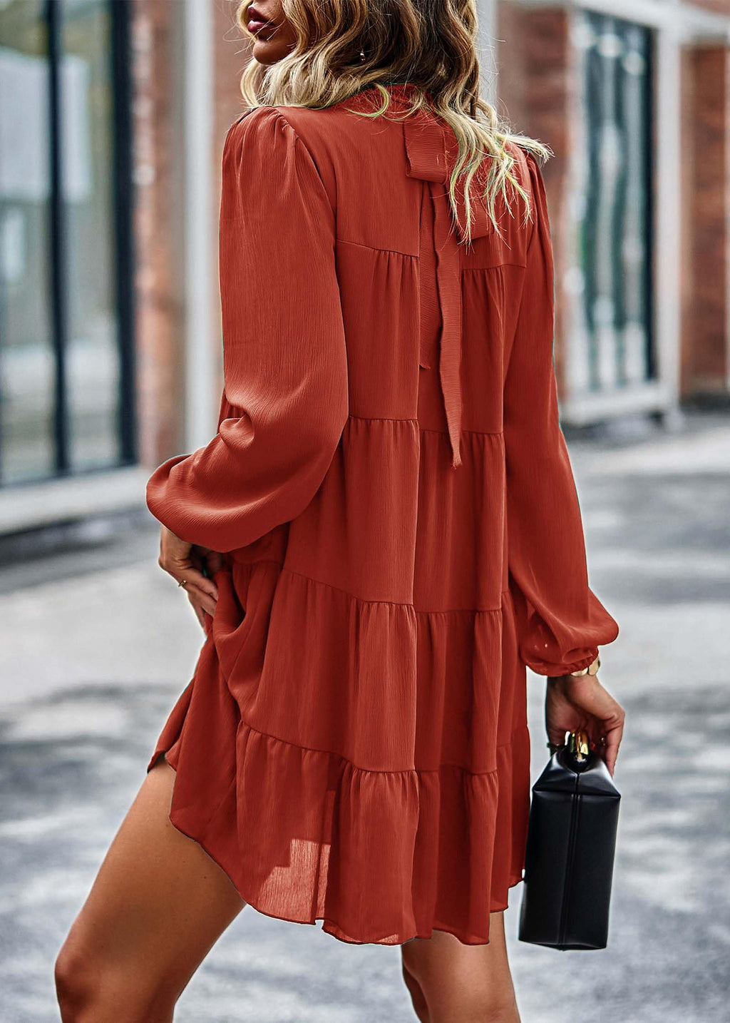 Womens Casual Long Sleeve Mock Neck Ruffle Tiered Babydoll Dress