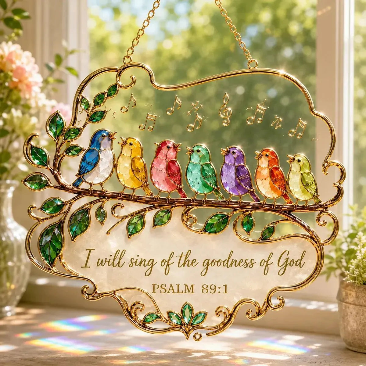 🎉🎵 Psalm 89:1 Songbird Window Suncatcher | Faith Decor with Colorful Birds & Scripture