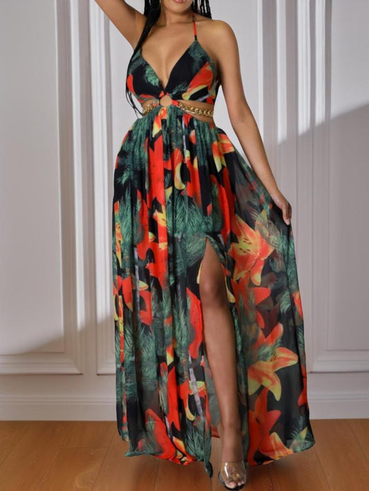 Women's Floral Print Chain Decor Split Thigh Dress
