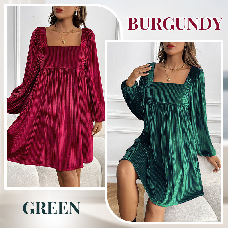 🎄Women's Square Neck Velvet Babydoll Dresses with Tie-Back