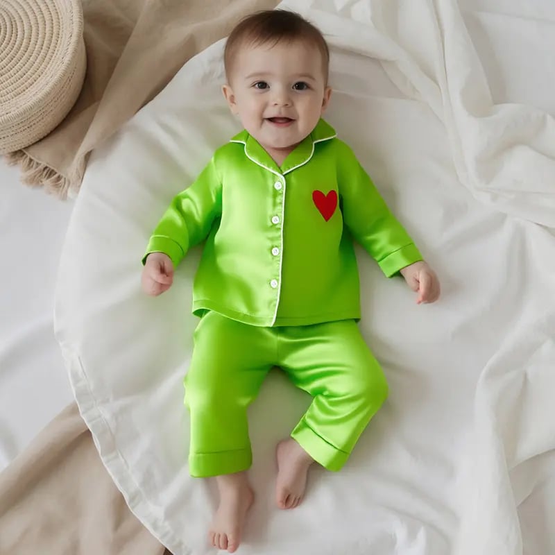 Holiday Matching Family Pajamas 🌲💝 Green Satin Silk Button-Down Shirts