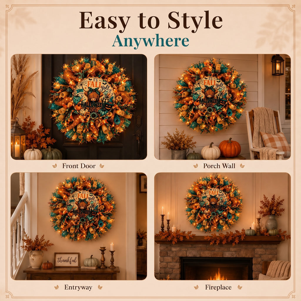 🎉💐Highland Buffalo Autumn Halloween Light Wreath