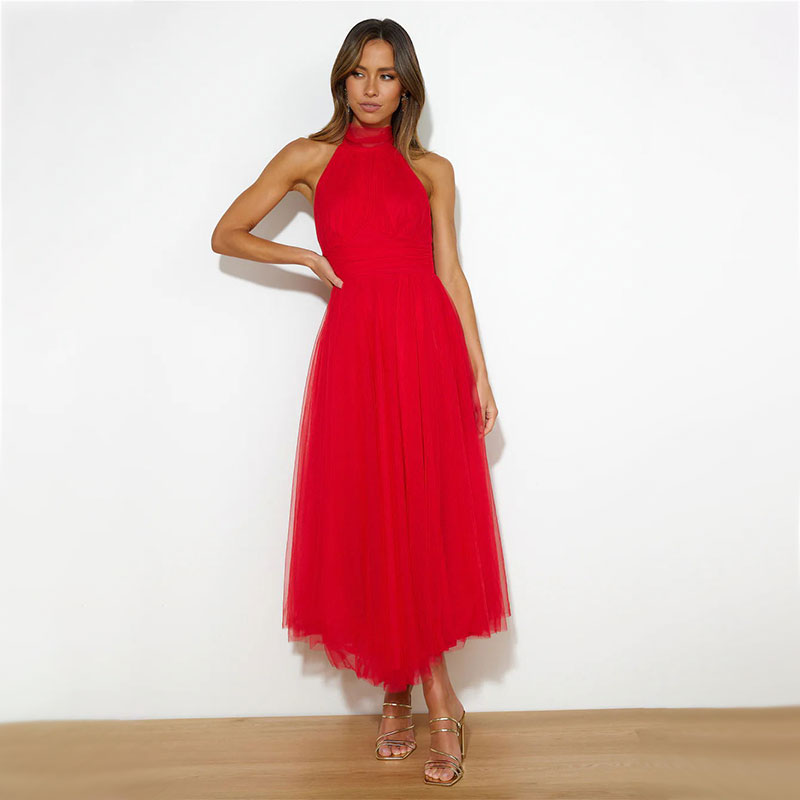 🎁⏳Halter Sleeveless Solid Color Mesh High Neck Dress