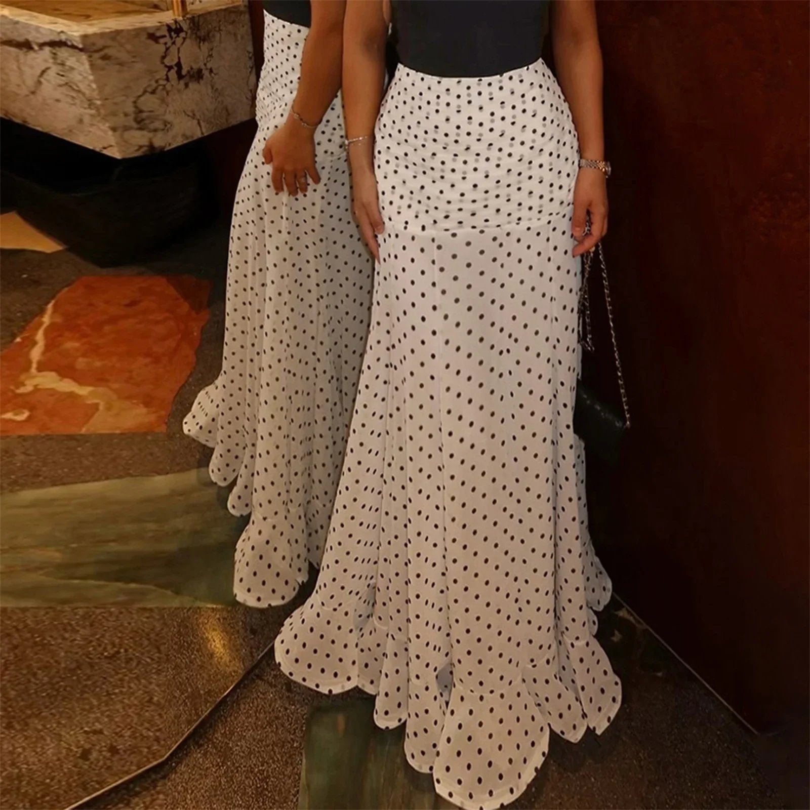 White & Black Polka Dot Floor-length Chiffon Skirt