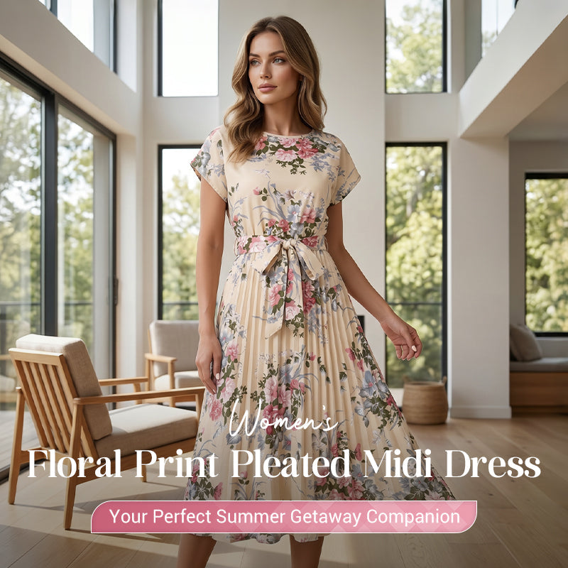 📢📢⏰Women's Floral Print Pleated Midi Dress