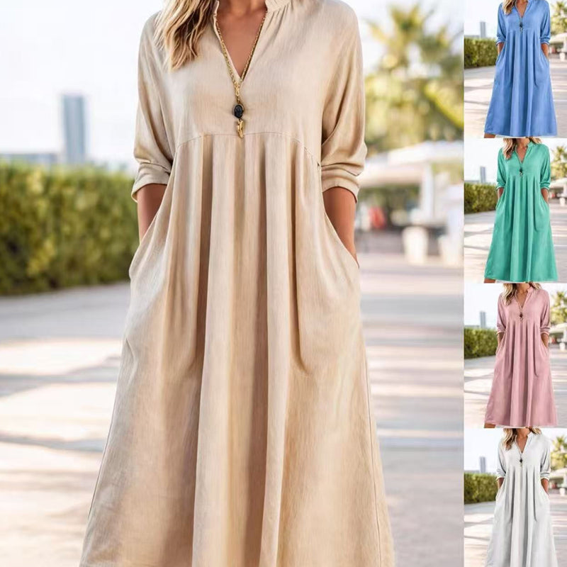 ⏰Women's Casual V-Neck Midi Dress with Pockets