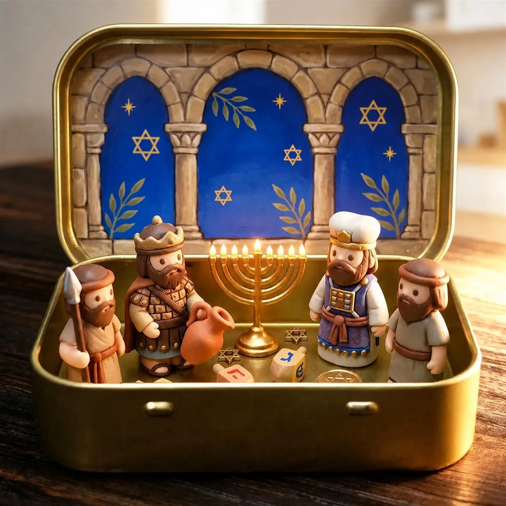 🔥HOT SALE🔥Council by Candlelight - A Miniature Hanukkah Menorah Diorama in a Golden Keepsake Tin