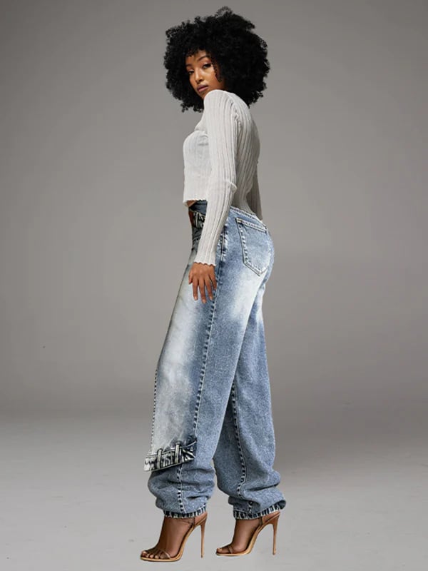 👖 Women Y2K High Waisted Patchwork Split Hem Denim Pant